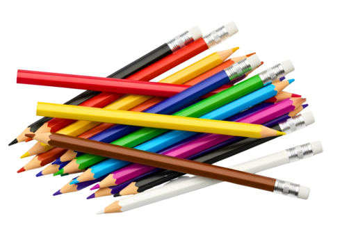 Colorful pencils scattered in a pile isolated on transparent background
