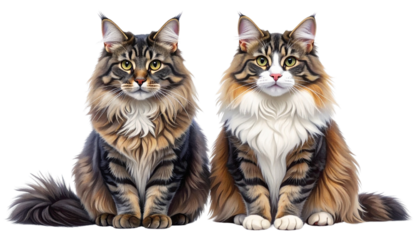 Two variations of fluffy hybrid cat sitting in bright studio isolated on transparent background (2).