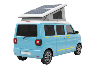 Isolated blue camper van with pop-top roof and solar panels for camping and road trips