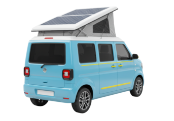 Isolated blue camper van with pop-top roof and solar panels for camping and road trips