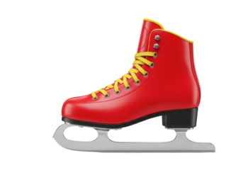 Isolated red ice skating shoe with yellow laces, cold winter sport equipment on white