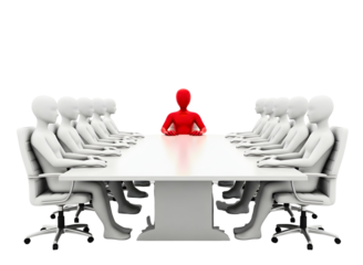 Red leader standing out from white figures around conference table isolated on transparent background