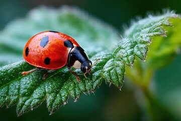 Obraz premium Ladybug with Water Droplets on Green Leaf