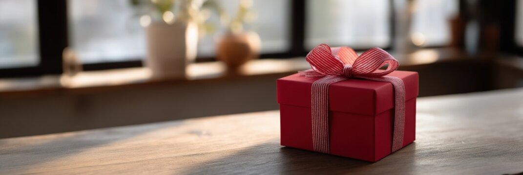 Red gift box with ribbon on wooden table in sunlit room