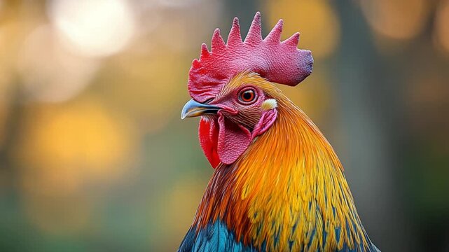 Close up of a colorful rooster with a red comb and blurred background.