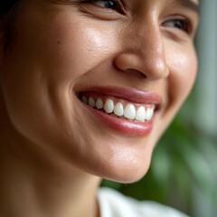 Joyful woman smiling close-up indoor setting portrait photography natural light positive vibes