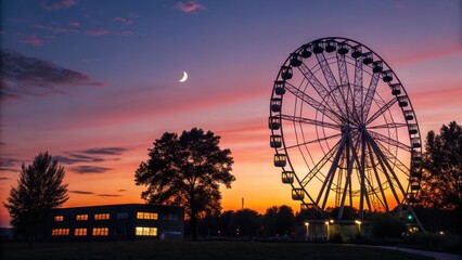 Majestic ferris wheel silhouetted against a vibrant sunset sky with a crescent moon