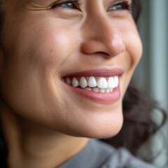 Joyful woman smiling indoors urban setting portrait bright environment close-up happiness and confidence