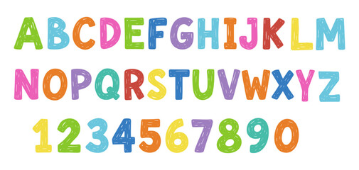 Colorful wax crayon children alphabet and numbers font on transparent background