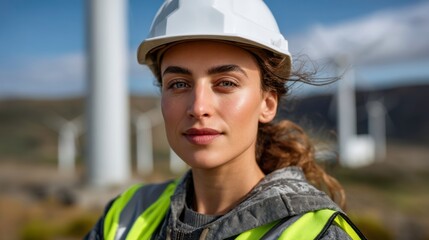 Wind turbine maintenance action renewable energy site portrait photo outdoor environment close-up view empowering women in industry