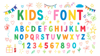 Colorful wax crayon children alphabet and numbers font on transparent background