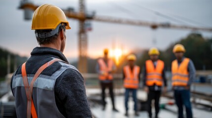 Construction team collaborating at sunset on a building site industry action urban environment teamwork concept