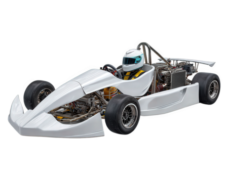 White go kart with aerodynamic body, exposed engine, and racing driver wearing helmet, photorealistic style, modern design, clean lines, motorsport excitement