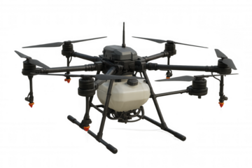 Agricultural drone spraying pesticides, octocopter uav performing smart farming task, transparent background