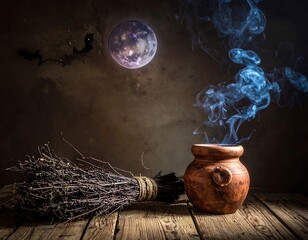A Halloween scene cauldron, broom, bats, and full moon
