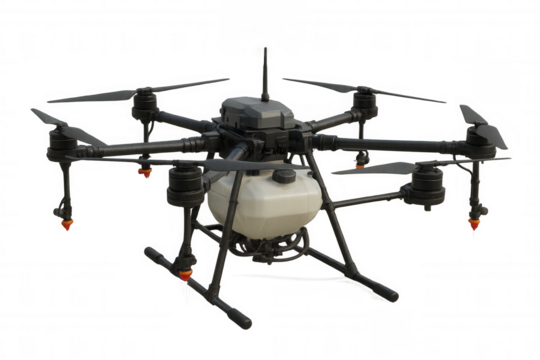 Agricultural drone spraying pesticides, octocopter uav performing smart farming task, transparent background
