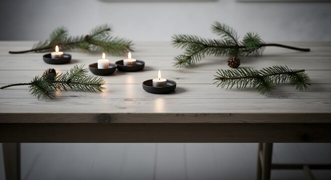 Minimalist Christmas table decoration with burning tea light candles and fresh fir branches creating a cozy hygge atmosphere
