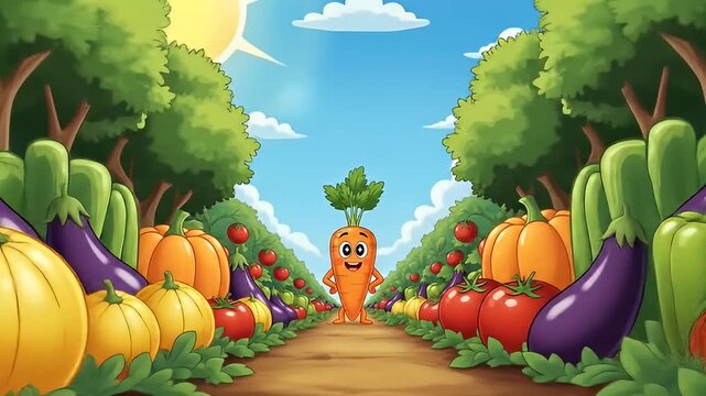Cartoon image of an anthropomorphic carrot standing in a lush vegetable garden