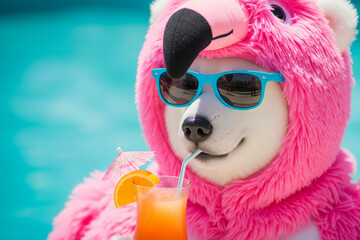 Funny anthropomorphic polar bear in a pink flamingo costume and sunglasses drinking a tropical cocktail on summer vacation