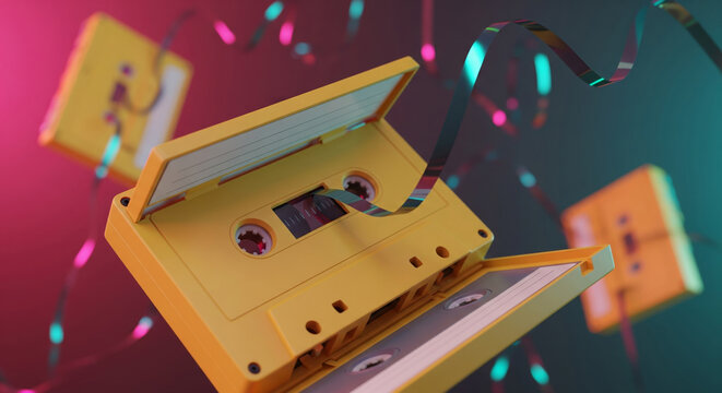 Explosion of retro yellow cassette tapes with unspooled tape in a vibrant neon style - Powered by Adobe