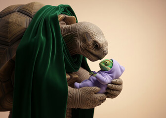 Tender moment of an anthropomorphic tortoise caring for a baby chameleon in a fantasy style