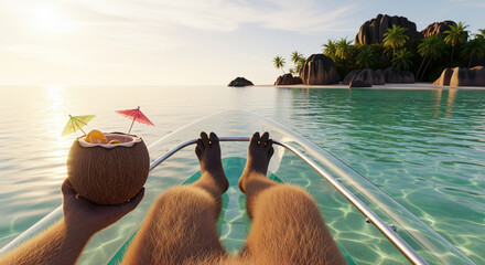 Anthropomorphic character relaxing on a transparent kayak with a coconut cocktail in a tropical paradise style
