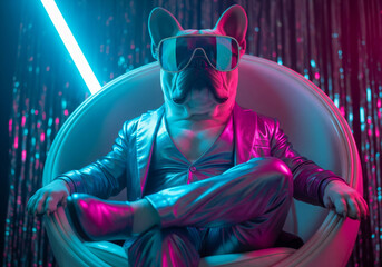Cool anthropomorphic french bulldog with a mustache and sunglasses in a shiny suit relaxing in a futuristic club