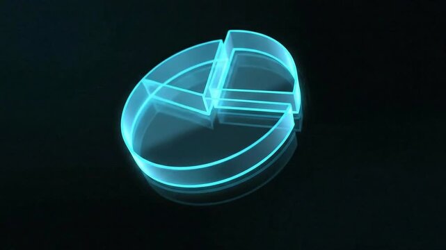 A glowing blue pie chart with three sections on a reflective black surface in a studio setting view