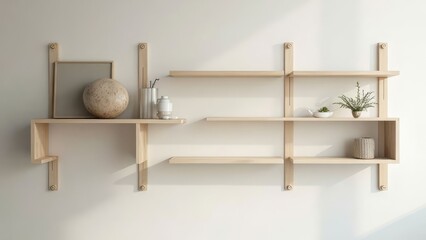 Modern wooden wall shelves with decorative items in a minimalist room.