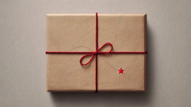 Charming gift wrapped in rustic kraft paper with a festive red string and whimsical star, perfect for holiday cheer and heartfelt celebrations
