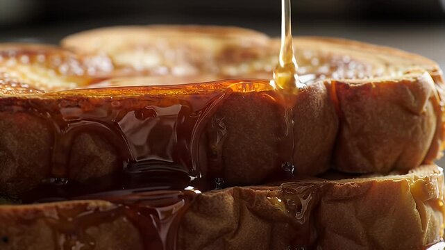 Syrup pouring onto stack of golden french toast, close up shot in warm light