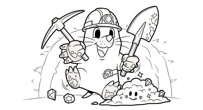 A cartoon mole character, wearing a helmet, holding tools, and mining.