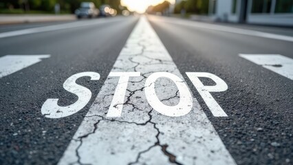 Stop word painted on a cracked asphalt road.