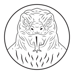 Detailed line art portrait of a komodo dragon head emerging from a circle silhouette