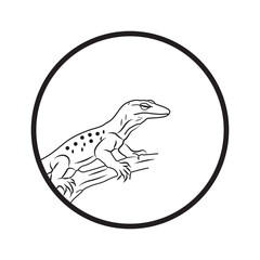 Detailed monitor lizard line art design within a circular frame majestic reptile nature inspired graphic element silhouette