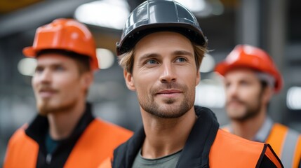 Construction workers in safety gear industrial site candid portraits bright environment professional focus