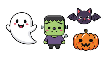 Fototapeta premium Adorable Halloween characters bring spooky fun to your creative projects ghost, Frankenstein, bat and pumpkin for kids party invitations and decorations