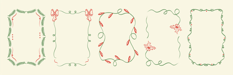 Vintage hand drawn Xmas frames. Trendy doodle Christmas branch of a fir tree borders, line in with curved shapes. Sketch art for holiday decor, poster, card, invitation.