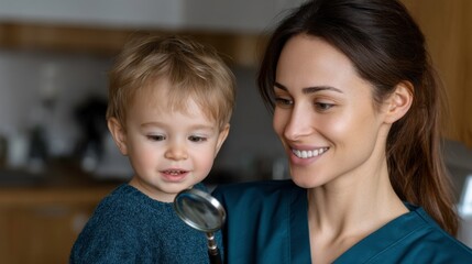 Healthcare interaction with child home setting candid photo bright atmosphere close-up nurturing moment