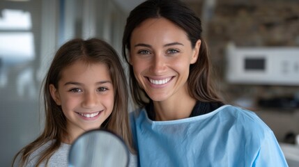 Dental health awareness day mother and daughter smiling dental clinic portrait bright environment close-up family bonding