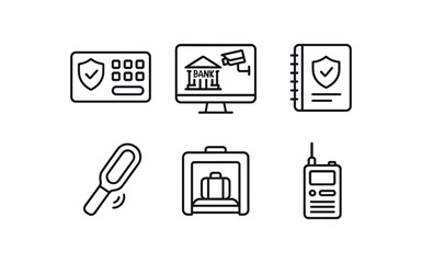 simple outline stroke icon isolated on white background security control console CCTV monitor bank patrol logbook metal detector wand visitor bag scanner emergency radio