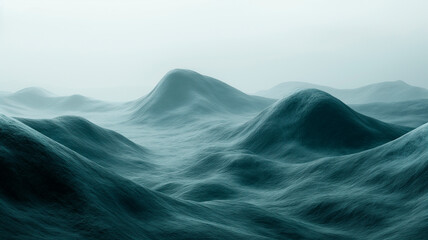 Minimalist abstract grainy landscape of rolling teal-colored hills fading into a foggy sky.