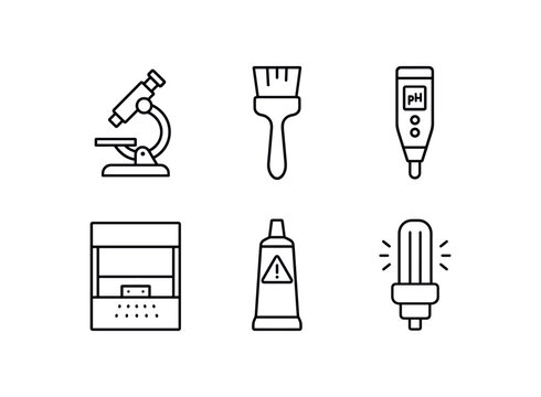 simple outline stroke icon isolated on white background conservation microscope solvent applicator brush pH testing pen HEPA fume hood conservation grade adhesive UV light source