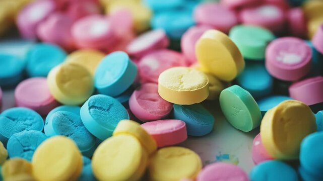 Colorful mdma ecstasy pills moving in slow motion
