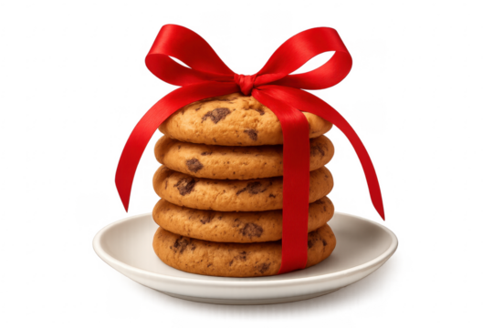 Chocolate chip cookies stack tied with red ribbon gift
