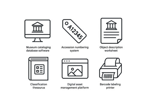 simple outline stroke icon isolated on white background Museum Cataloging database software accession numbering system object description worksheet classification thesaurus digital asset