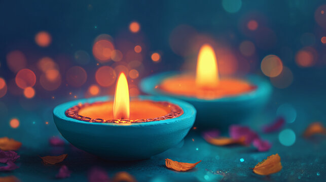 glowing oil lamps with bokeh lights — elegant Diwali diya setup with soft blue background and copy space, ideal for festival banners, greeting cards, spiritual designs, or wellness promotions