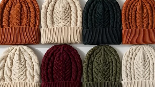 Colorful knitted beanie hats with cable stitch and ribbed brim on a white background