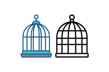 Two birdcages one colored and one outlined in black and white