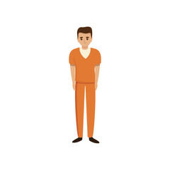 Pixelated Cartoon Male Prisoner Standing On White Background Wearing Orange Jumpsuit With Dark Hair And Brown Eyes